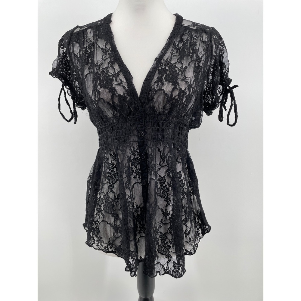 Sheer Lace Top Women Medium Black Smocked Empire Waist Whimisigoth Romantic Y2K